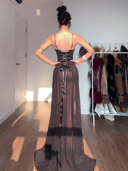 Black Mesh Patchwork Printed Slit Maxi Dress