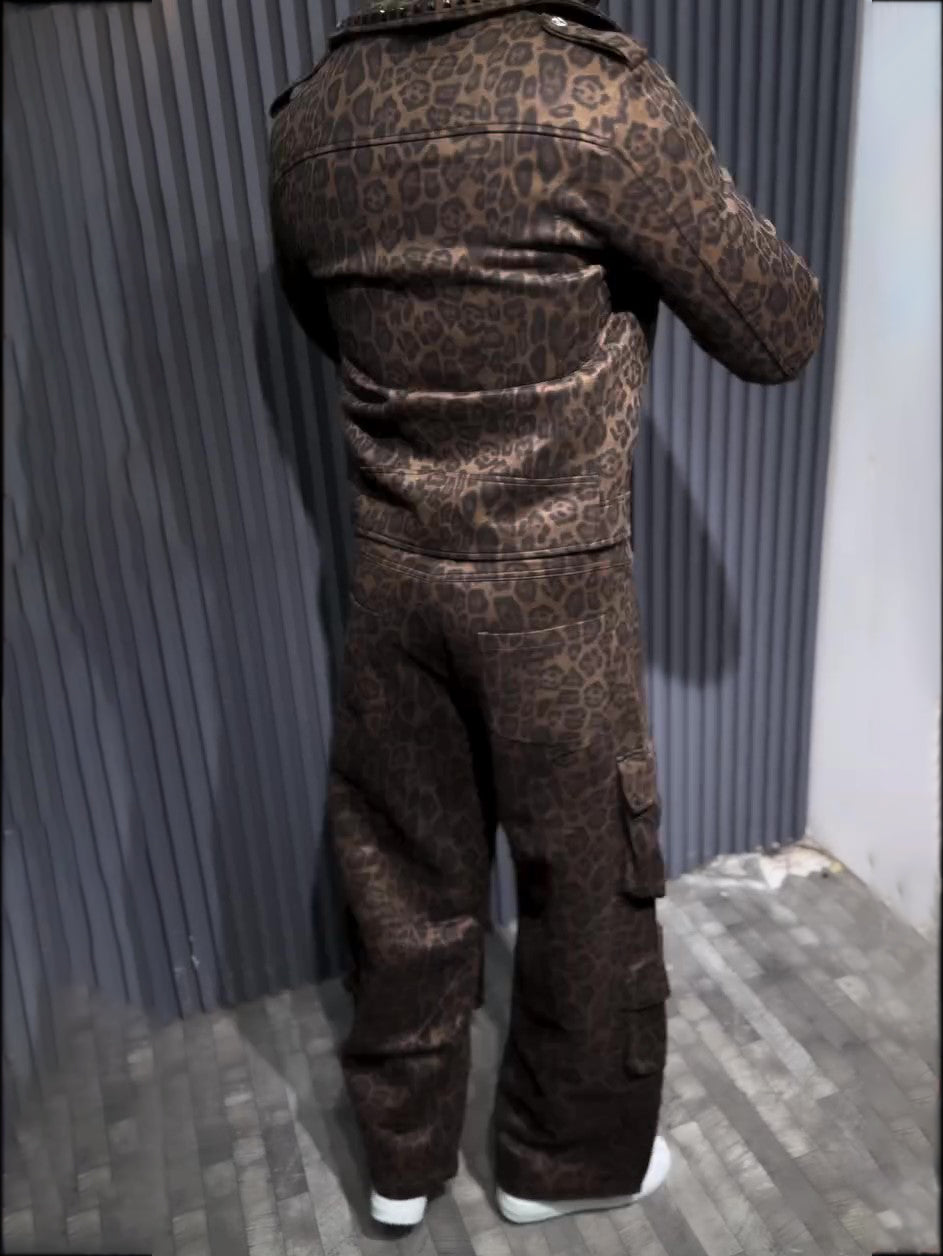 Brown Leopard Print Biker Jacket And Cargo Pants Two-Piece Set
