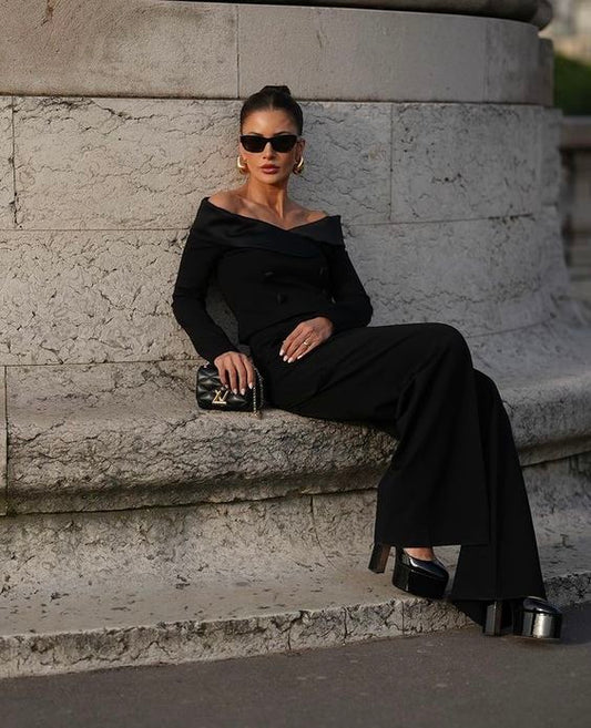 Solid Color Off-shoulder Crop Top & High-waisted Pants Set