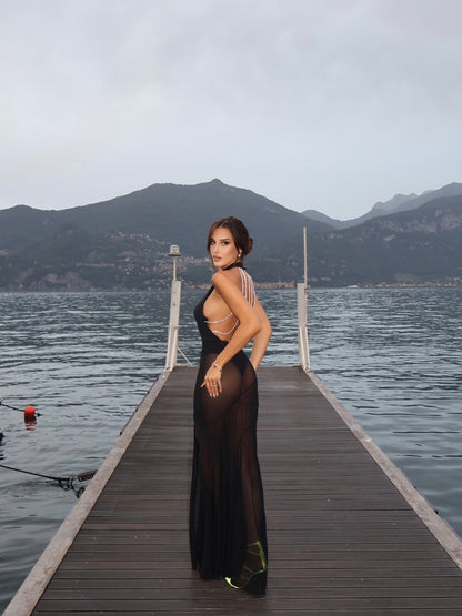 Black Backless Bright Silk Rope See-through Dress