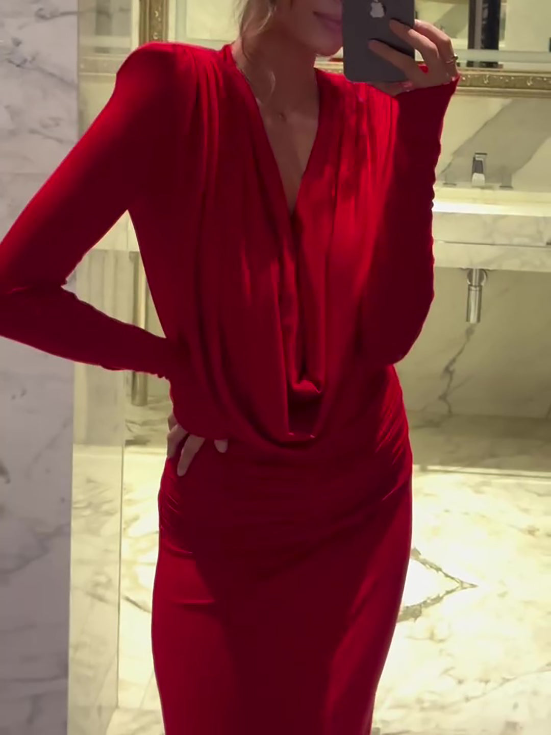 Red Swing Neck Long Sleeve Slim Dress