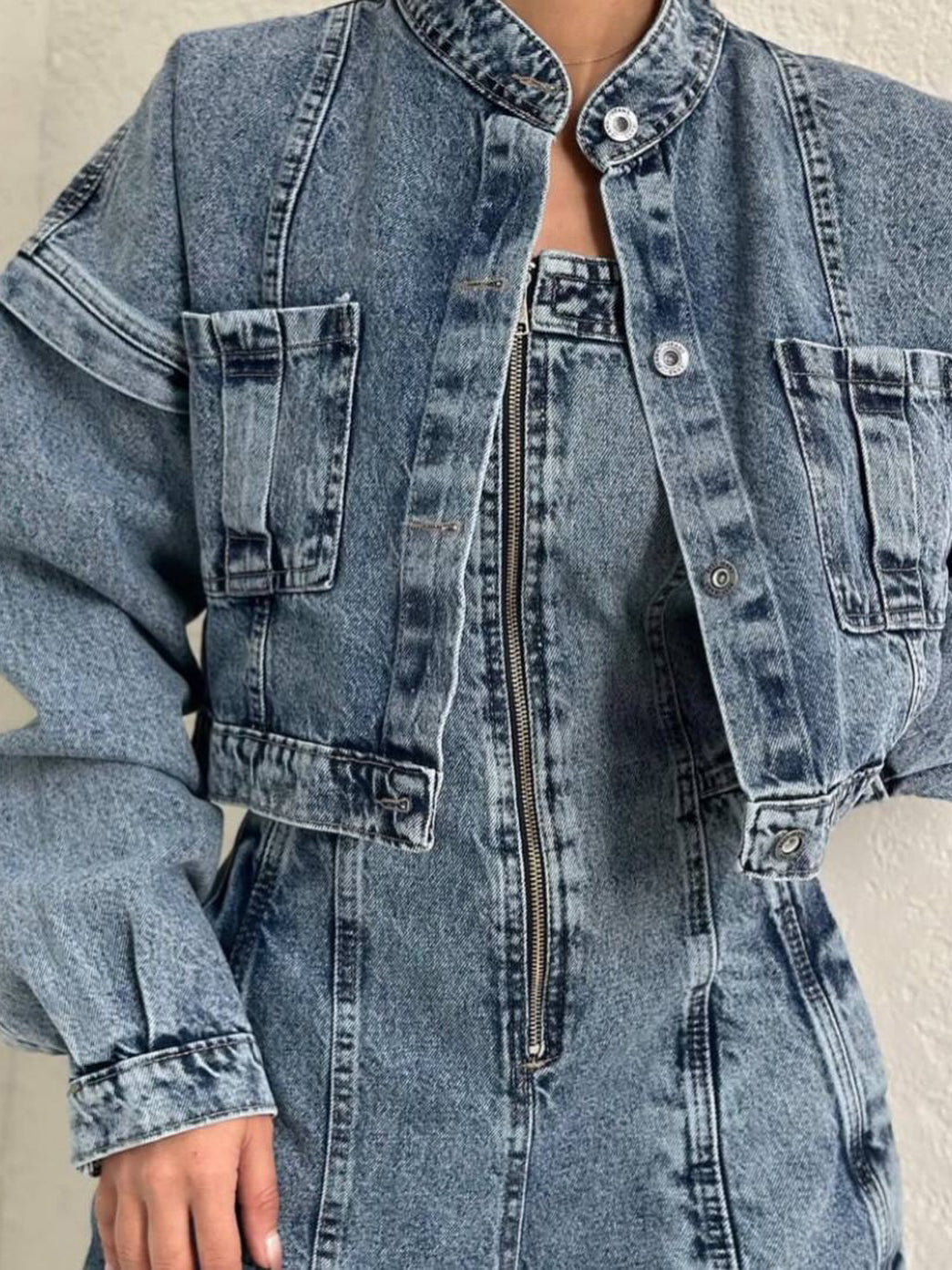 Denim Bandeau Zipper Jumpsuit & Jacket Set