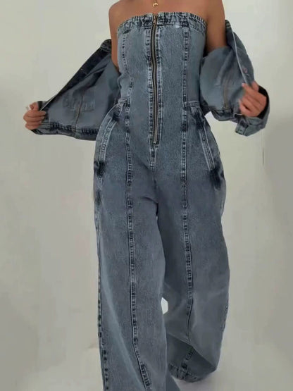 Denim Bandeau Zipper Jumpsuit & Jacket Set