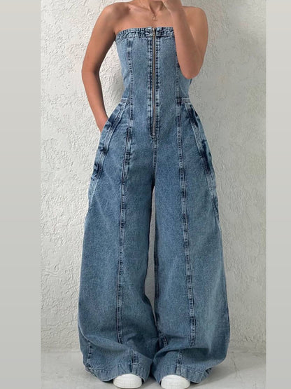 Denim Bandeau Zipper Jumpsuit & Jacket Set