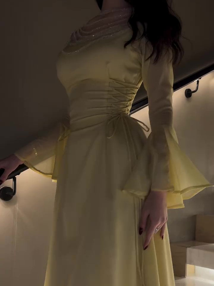 Yellow Pleated Belted Ruffled Sleeves Maxi Dress