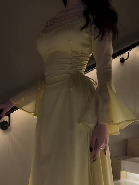 Yellow Pleated Belted Ruffled Sleeves Maxi Dress