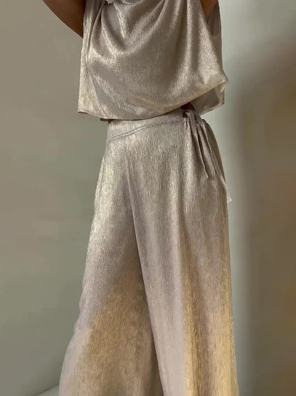 Glossy Sleeveless Top & Strappy Wide-leg Pants Set