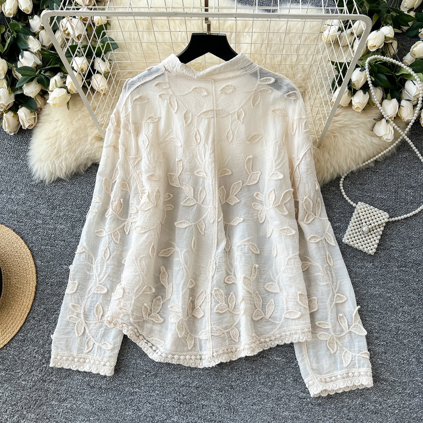 Heavy Industry Leaf Embroidery Cardigan Long Sleeve Top
