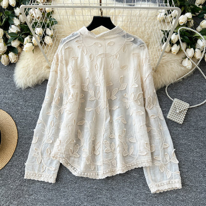 Heavy Industry Leaf Embroidery Cardigan Long Sleeve Top