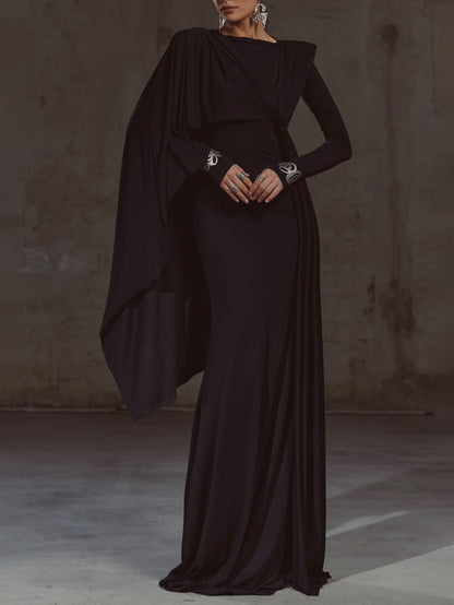 Solid Color Shawl Long Sleeve Maxi Dress