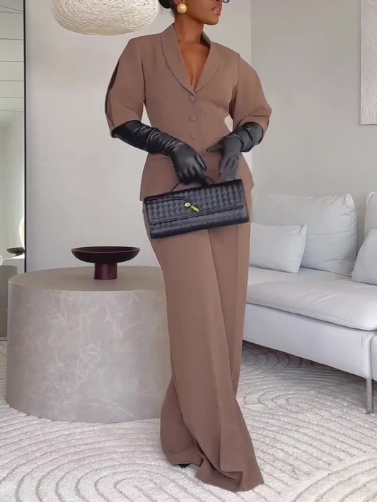 Brown Short-sleeved Blazer & High-waisted Pants Suit