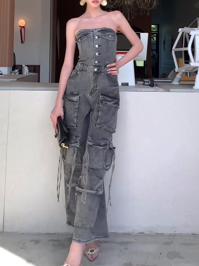 Denim Tube Top Single-breasted Jumpsuit