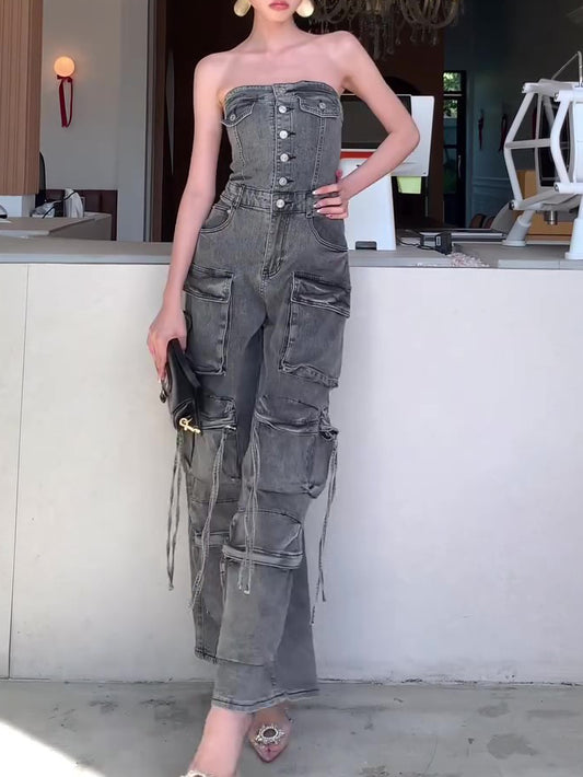 Denim Tube Top Single-breasted Jumpsuit