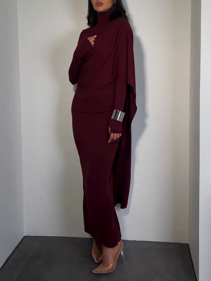 Brown Turtleneck Long-sleeved Slim Dress