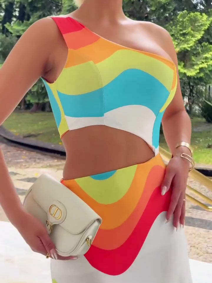 Colorful One Shoulder Cutout Dress