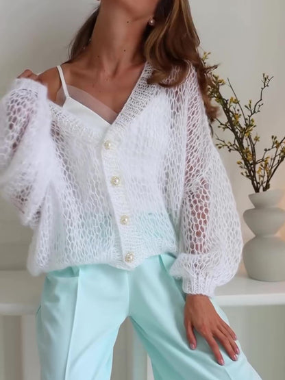 Casual Solid Color Hollow Knit Cardigan