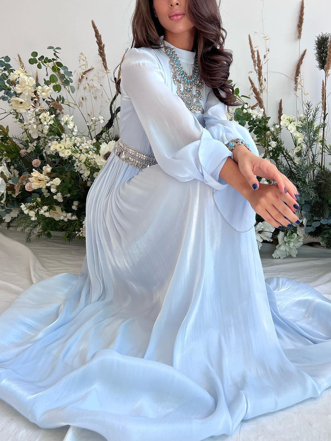 Solid Color Long Sleeve Silk Organ Maxi Dress