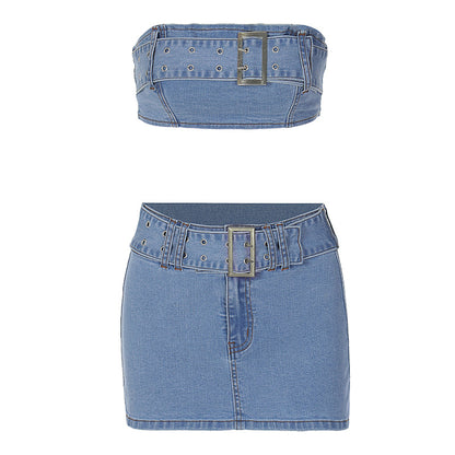 Women's Fashion Denim Tube Top Skirt Suit