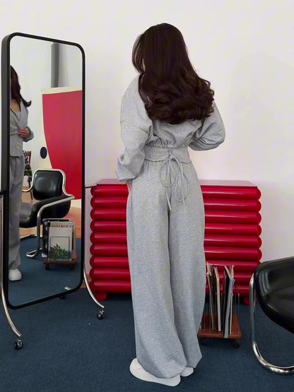 Gray Three-Piece Set With Hooded Jacket, Corset Top And Wide-Leg Pants