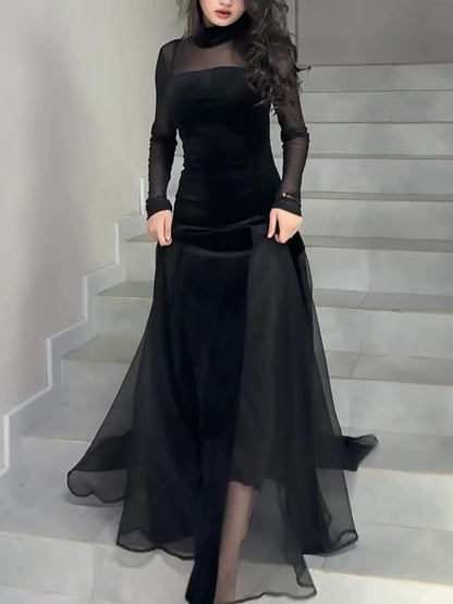 Black Velvet Patchwork Mesh Maxi Dress