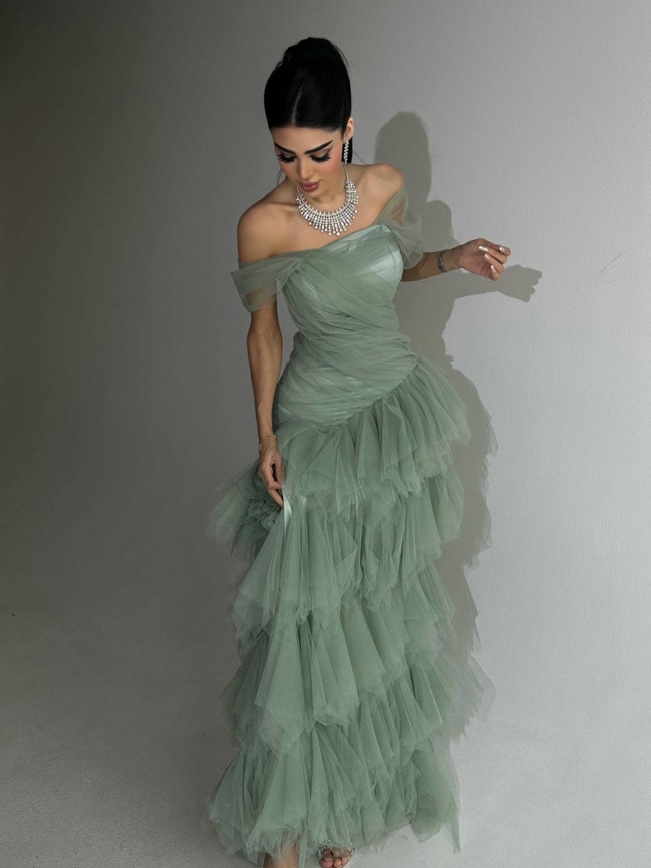 Elegant Light Green Strapless Mermaid Dress With Layered Tulle Skirt