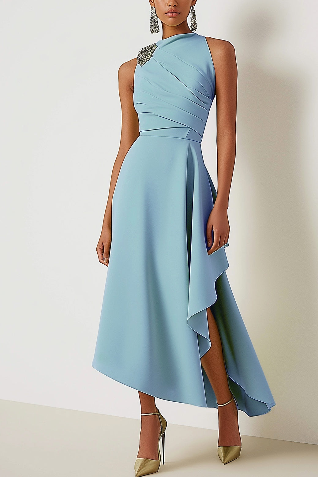 Wedding Guest Party Dress Sage Green Sleeveless Midi Dress