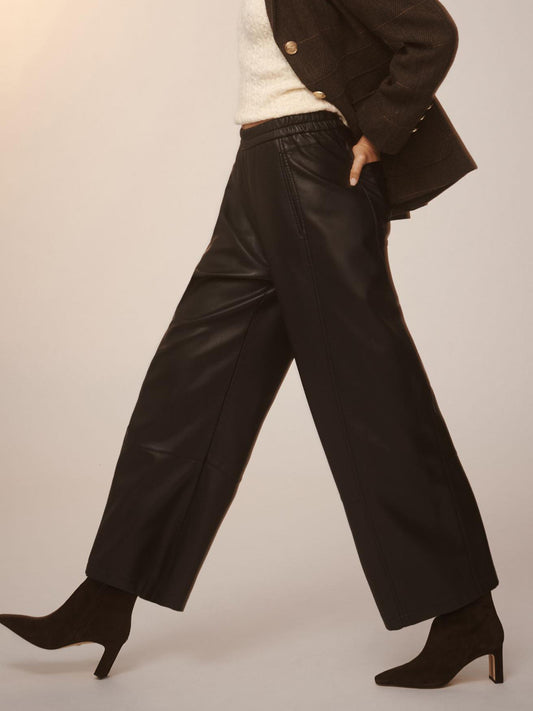 Elastic Waist Wide Leg Leather Pants