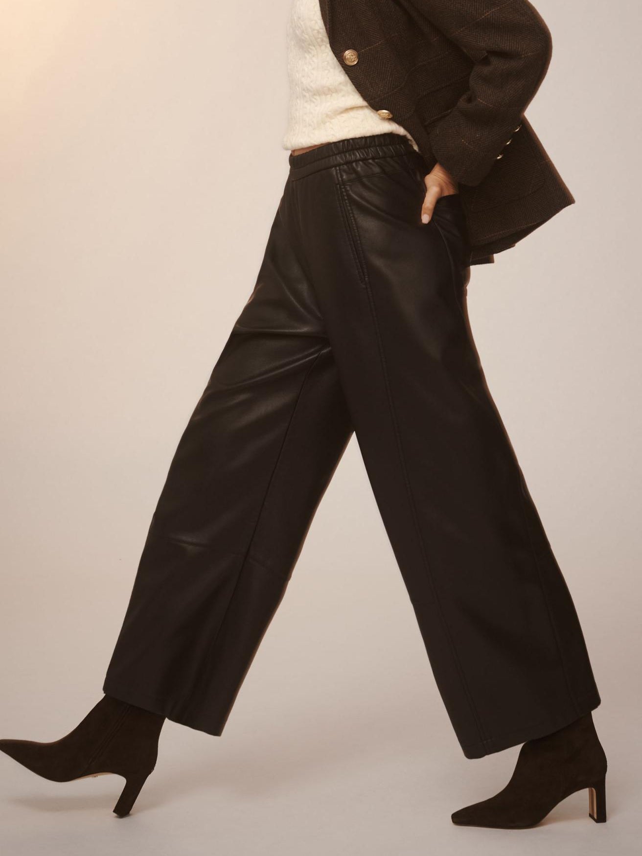 Elastic Waist Wide Leg Leather Pants