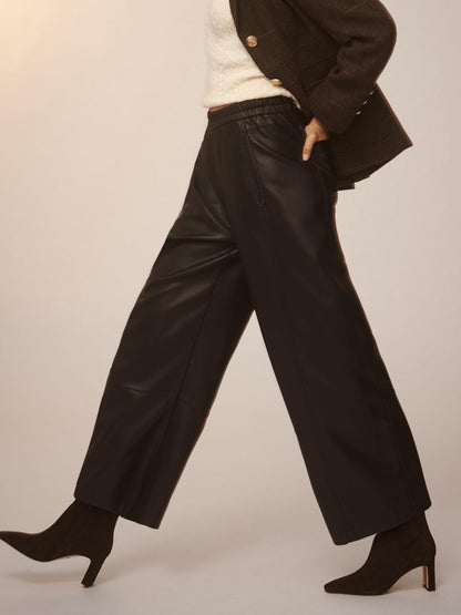 Elastic Waist Wide Leg Leather Pants
