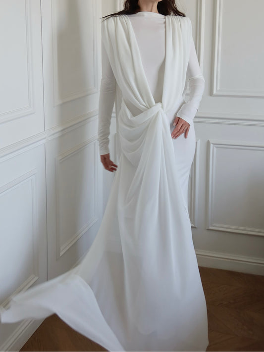 White Draped Knot-back Maxi Dress