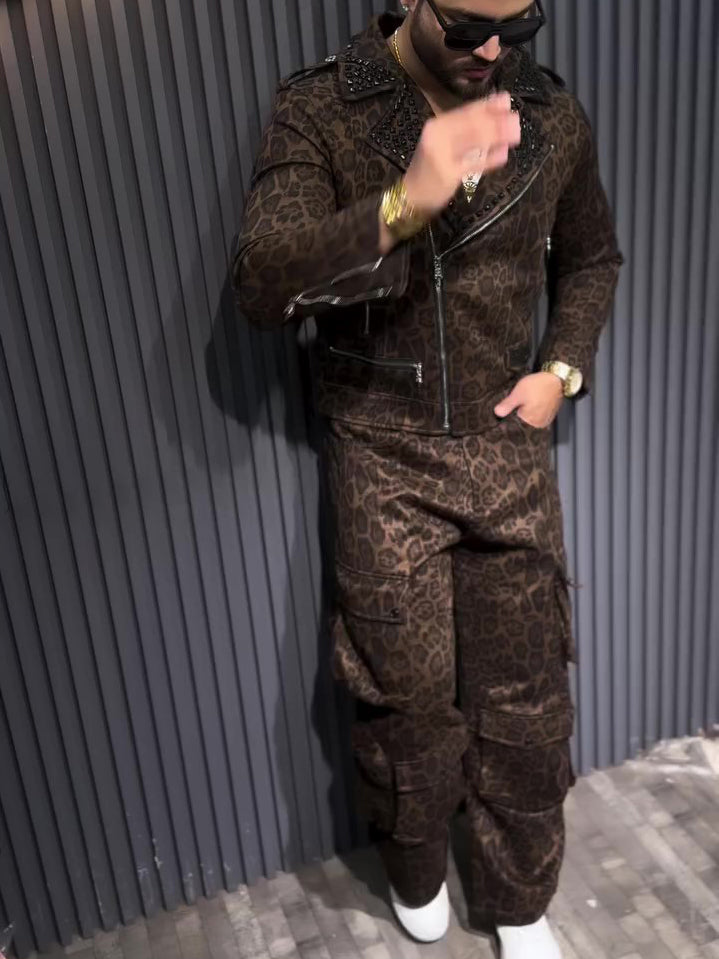 Brown Leopard Print Biker Jacket And Cargo Pants Two-Piece Set