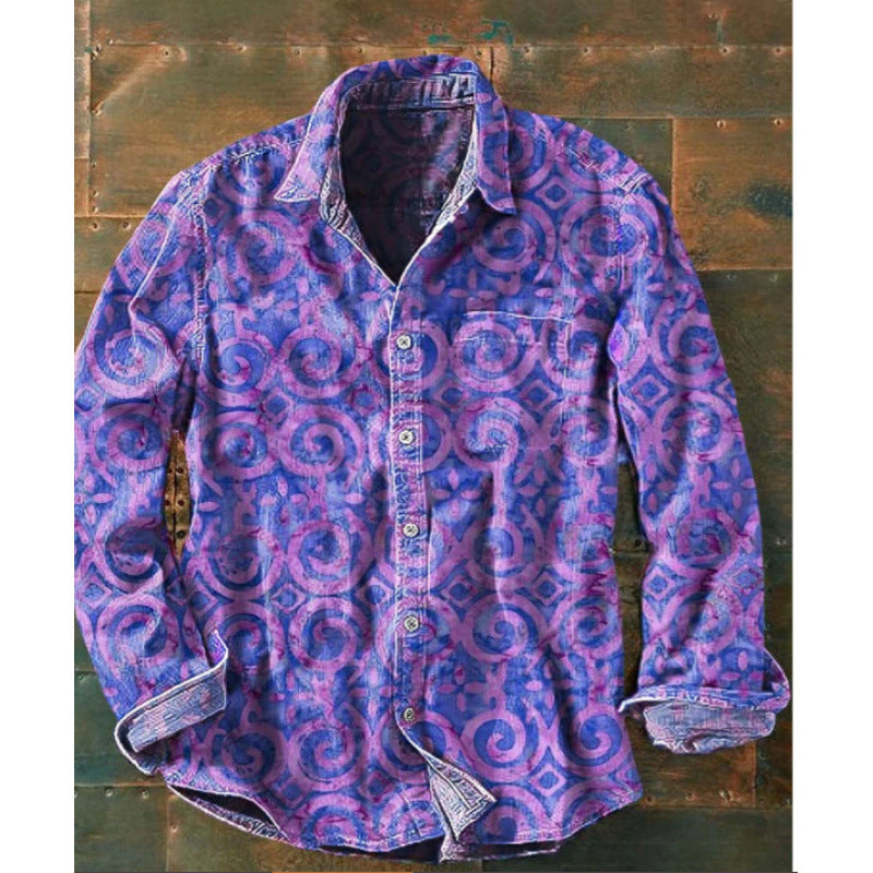 Mens Color-Block Printed Long-Sleeve Button-Up Top