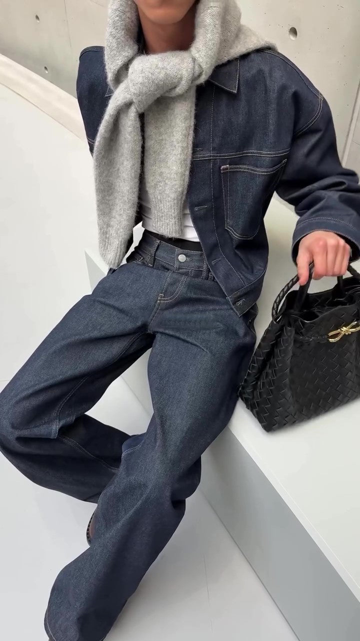 Dark Denim Oversized Jacket And Wide-Leg Pants Set