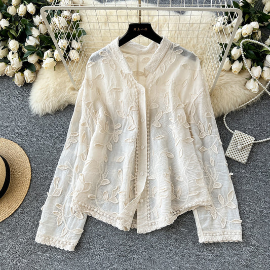 Heavy Industry Leaf Embroidery Cardigan Long Sleeve Top