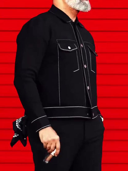 Black Denim Jacket With White Topstitching Detail