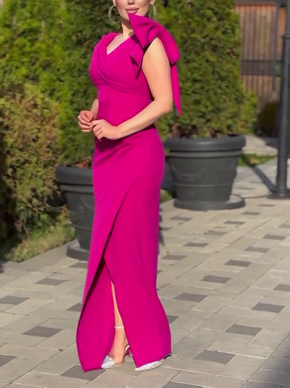 Rose Red Sleeveless Bow Slit Maxi Dress