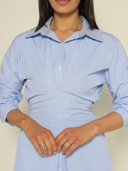 Blue Striped Single-breasted Shirt Dress