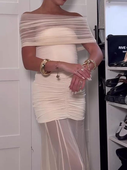 Apricot Patchwork Mesh Pleated Off-shoulder Dress