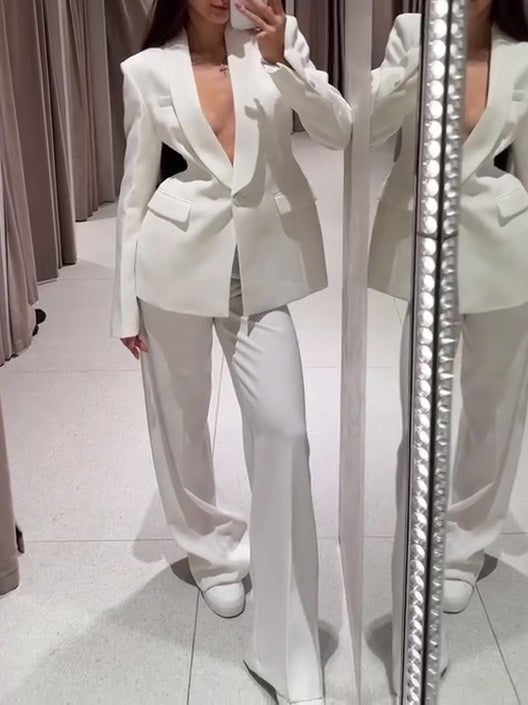 Solid Color Lapel Suit Jacket & High Waist Pants Set