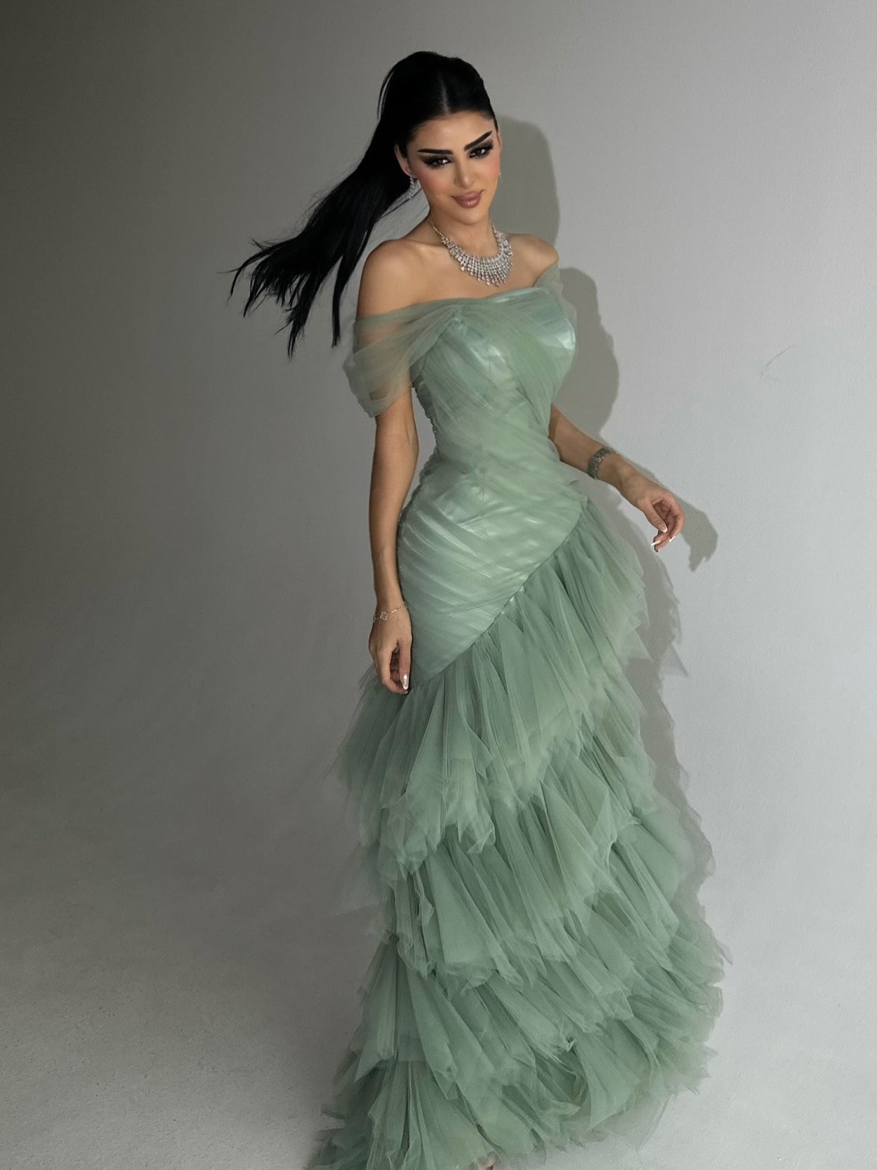 Elegant Light Green Strapless Mermaid Dress With Layered Tulle Skirt