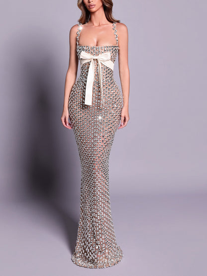 Crystal-Embellished Maxi Dress With White Bow Detail