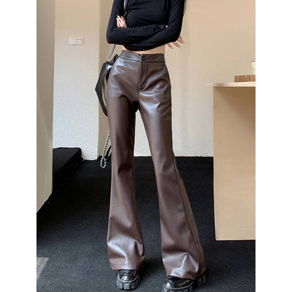 Slim Fit Leather Bootcut Trousers Slimming High Waist Casual Leather Pants