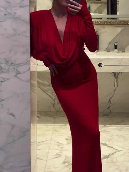 Red Swing Neck Long Sleeve Slim Dress