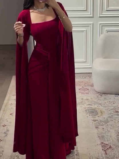Elegant Burgundy Square - Neck Cape  Maxi Dress