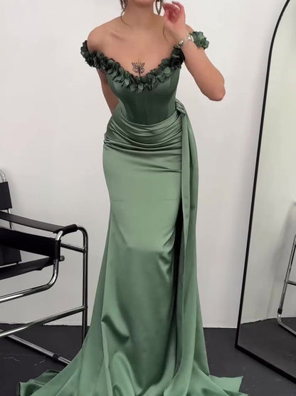 Green Off-shoulder Pleated Maxi Evening Dress