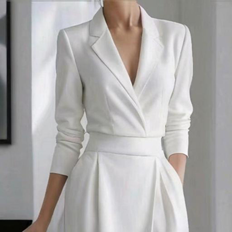 Women's Solid Color Lapel Midi Dress, Bodycon Asymmetrical Hem Dress With Pockets For Formal Occasions