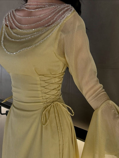 Yellow Pleated Belted Ruffled Sleeves Maxi Dress