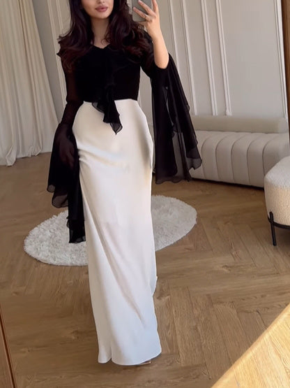 Contrast Ruffled Long-sleeve Dress