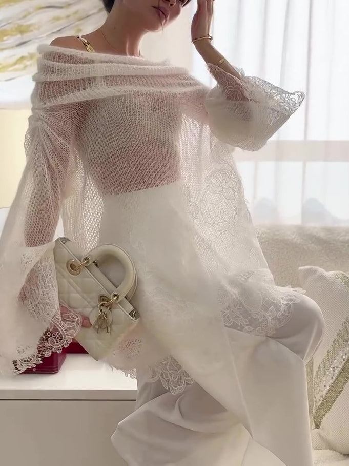 White Lace Off-Shoulder Oversized Top