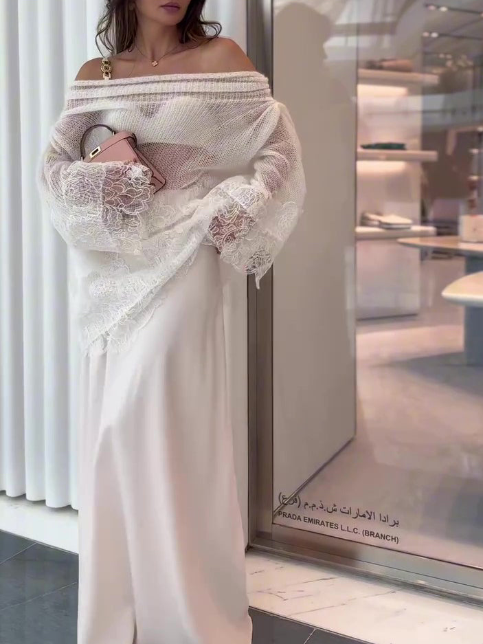 White Lace Off-Shoulder Oversized Top